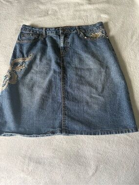 Embellished Blue Denim A-Line Skirt with Beaded Detail